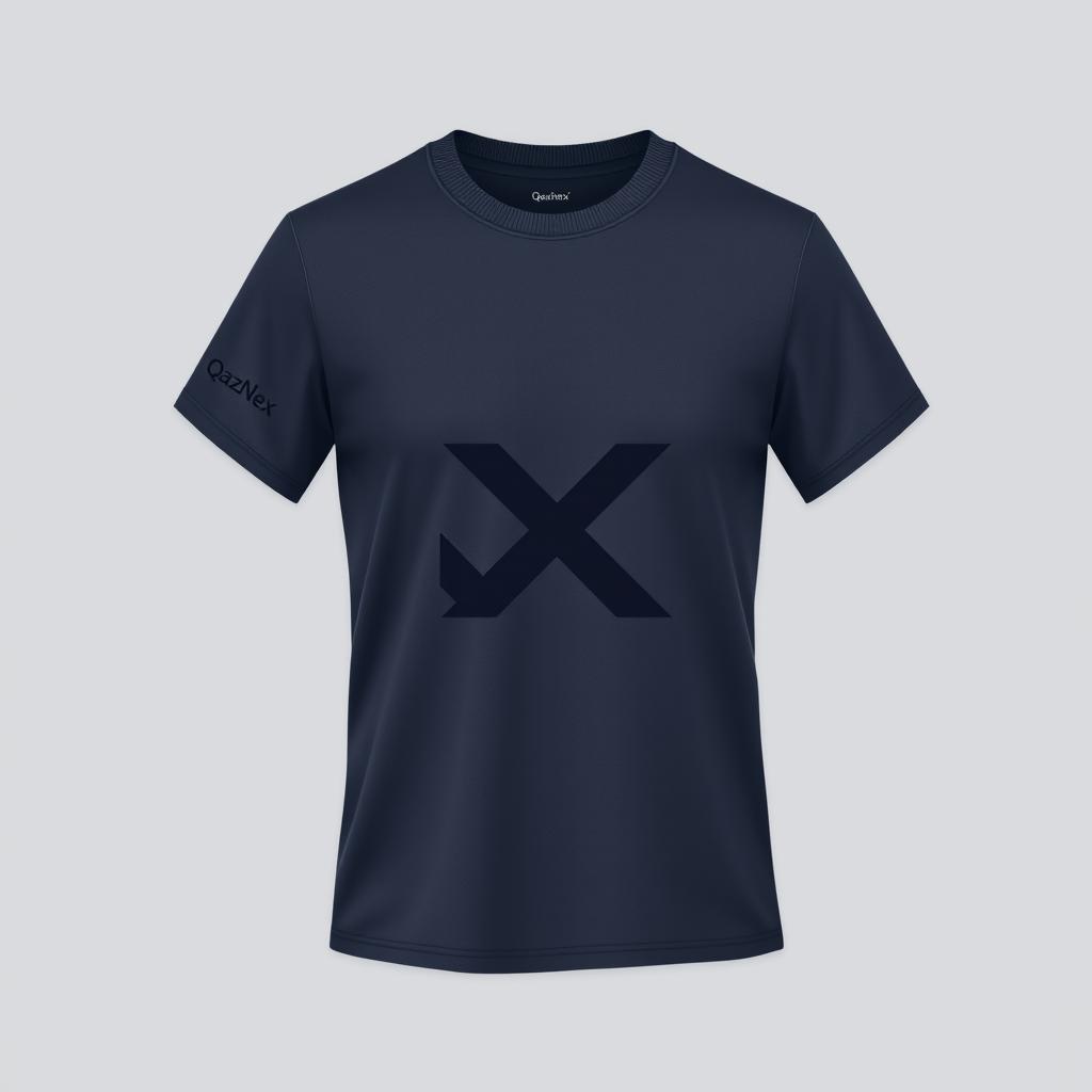 A T-shirt design featuring the letters Q and X connected into one symbol, along with the inscription 'QazNex' at chest level on the left