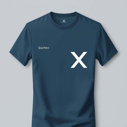 A T-shirt design featuring the letters Q and X connected into one symbol, along with the inscription 'QazNex' at chest level on the left