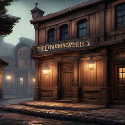 A mysterious tavern with an ever-changing exterior, blending elements of both grand, ornate architecture and rustic, weathered wood, with a faintly glowing sign above the door that reads 'The Shifting Veil