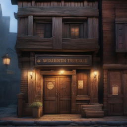 A mysterious tavern with an ever-changing exterior, blending elements of both grand, ornate architecture and rustic, weathered wood, with a faintly glowing sign above the door that reads 'The Shifting Veil