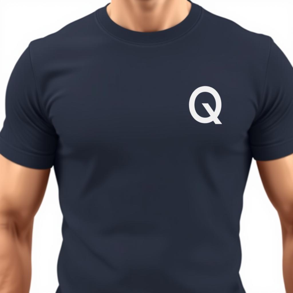 A T-shirt design featuring the letter Q connected into one symbol on the left chest level