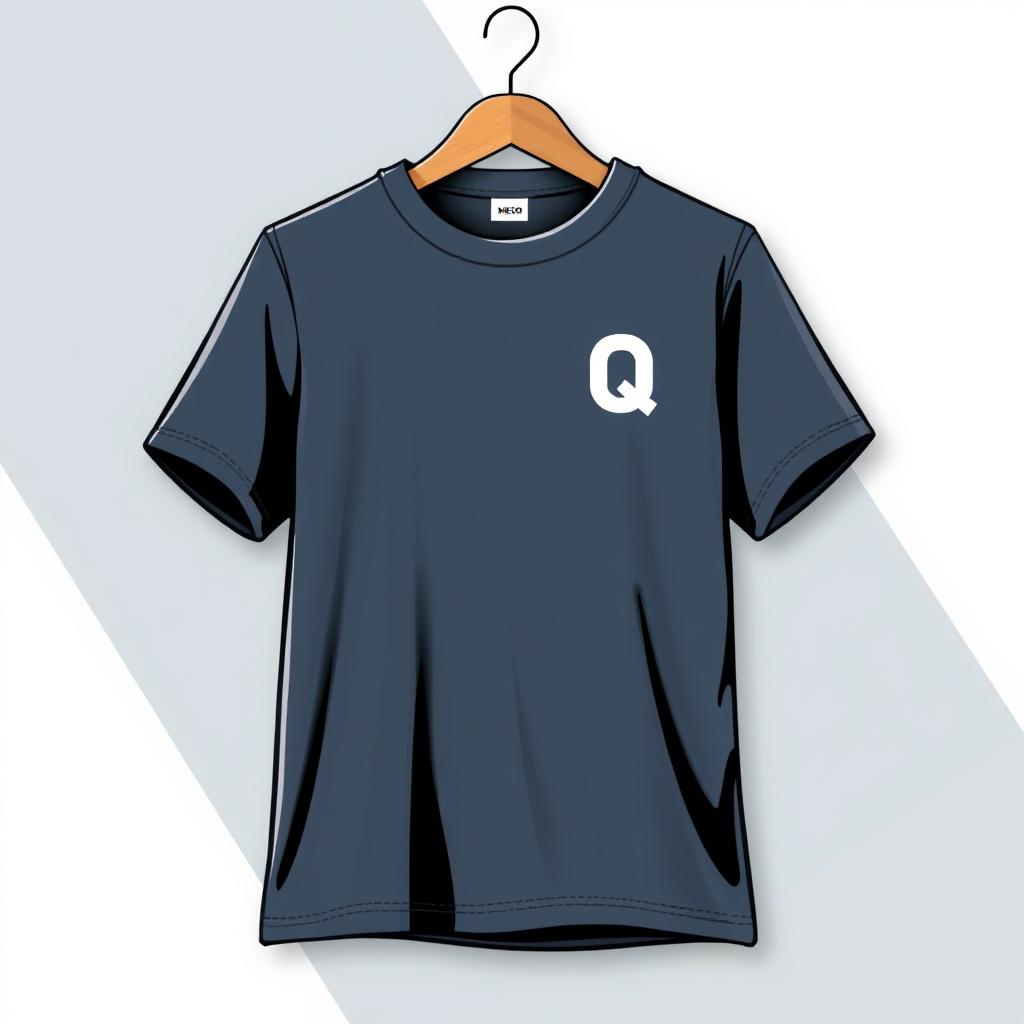 A T-shirt design featuring small letters Q connected into one at chest level on the left