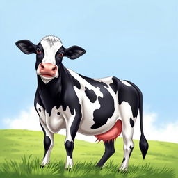 A detailed and realistic illustration of a cow standing in a green pasture with a clear blue sky in the background