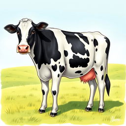 A detailed and realistic illustration of a cow standing in a green pasture with a clear blue sky in the background