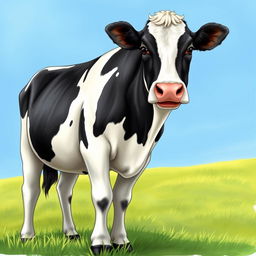 A detailed and realistic illustration of a cow standing in a green pasture with a clear blue sky in the background