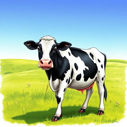 A detailed and realistic illustration of a cow standing in a green pasture with a clear blue sky in the background