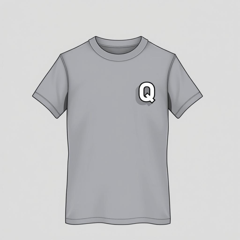 A T-shirt design featuring small letters Q connected into one at chest level on the left