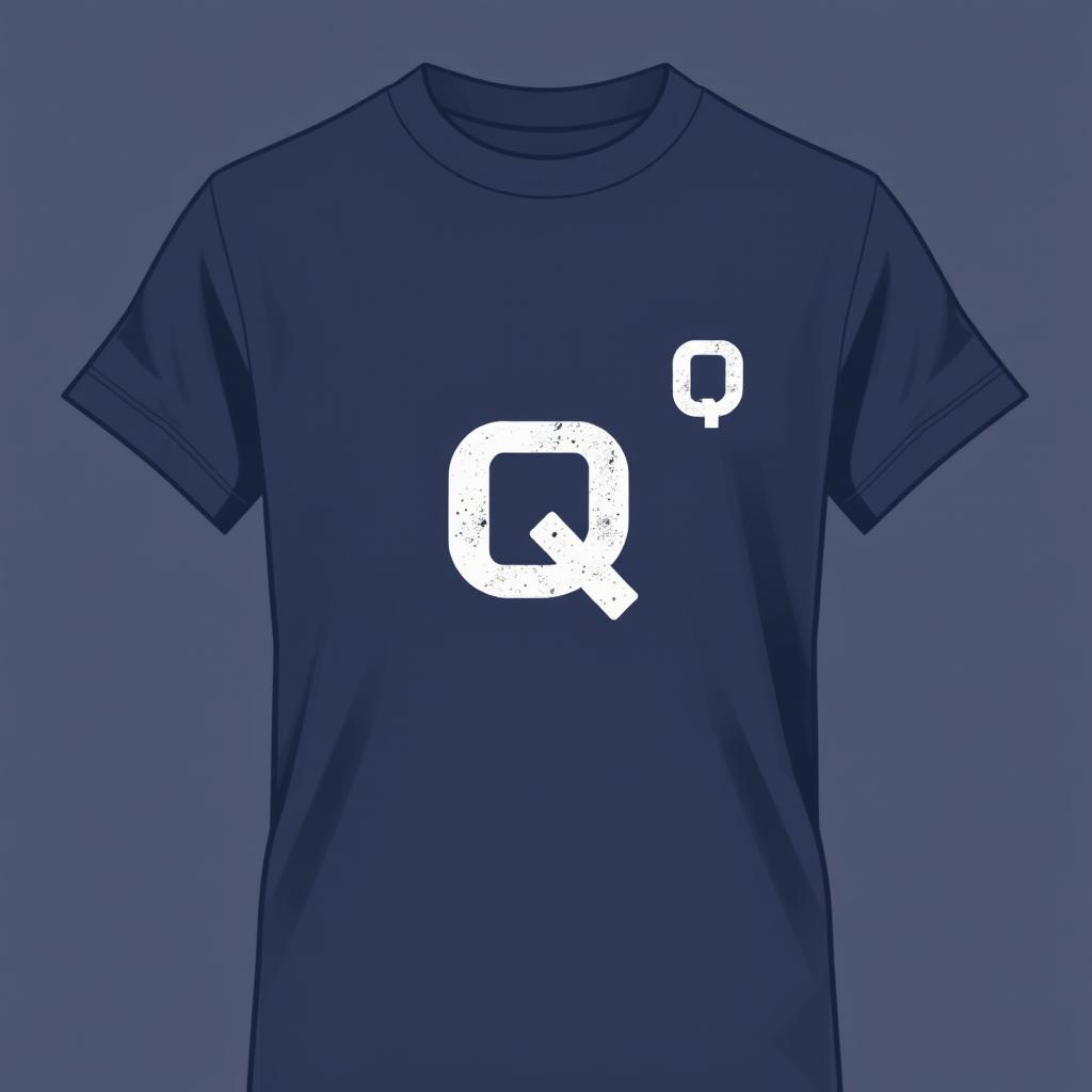 A T-shirt design featuring small letters Q connected into one symbol on the left chest level