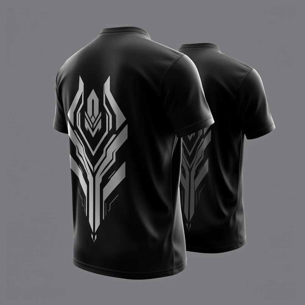 A T-shirt design in a cyber sports style with minimalistic patterns on the back