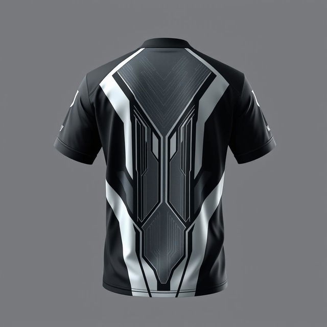 A T-shirt design in a cyber sports style with minimalistic patterns on the back