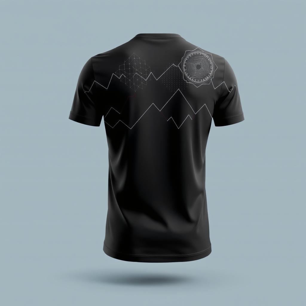 A T-shirt design featuring minimalistic patterns on the back in an analytics style