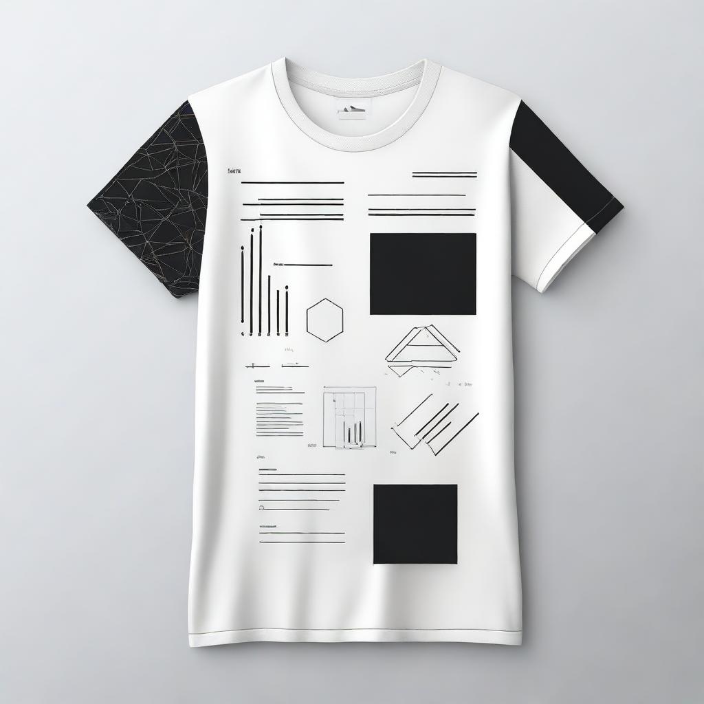 A T-shirt design with a minimalistic pattern on the left sleeve, designed in an analytical style