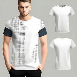 A T-shirt design with a minimalistic pattern on the left sleeve, designed in an analytical style