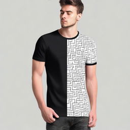 A T-shirt design featuring a minimalistic pattern on the left sleeve