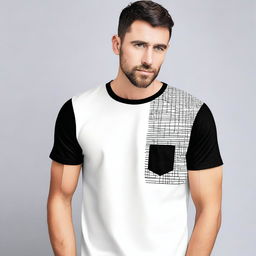 A T-shirt design featuring a minimalistic pattern on the left sleeve