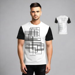 A T-shirt design featuring a minimalistic pattern on the left sleeve in an analytical style