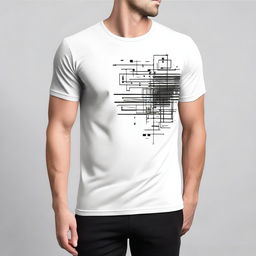 A T-shirt design featuring a minimalistic pattern on the left sleeve in an analytical style