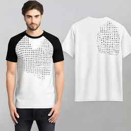 A T-shirt design featuring a minimalistic pattern on the left sleeve in an analytical style