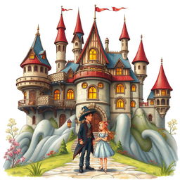 A detailed and enchanting depiction of Howl's Moving Castle with Howl and Sophie standing in front of it