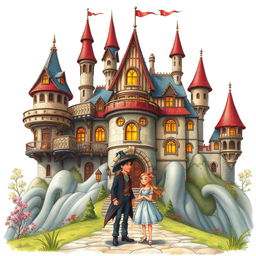 A detailed and enchanting depiction of Howl's Moving Castle with Howl and Sophie standing in front of it