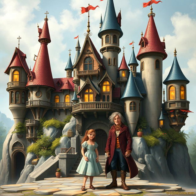 A detailed and enchanting depiction of Howl's Moving Castle with Howl and Sophie standing in front of it