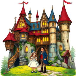 A detailed and enchanting depiction of Howl's Moving Castle with Howl and Sophie standing in front of it