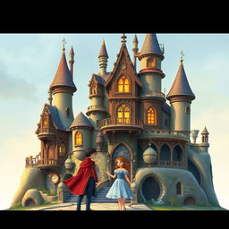 A detailed and enchanting depiction of Howl's Moving Castle with Howl and Sophie standing in front of it