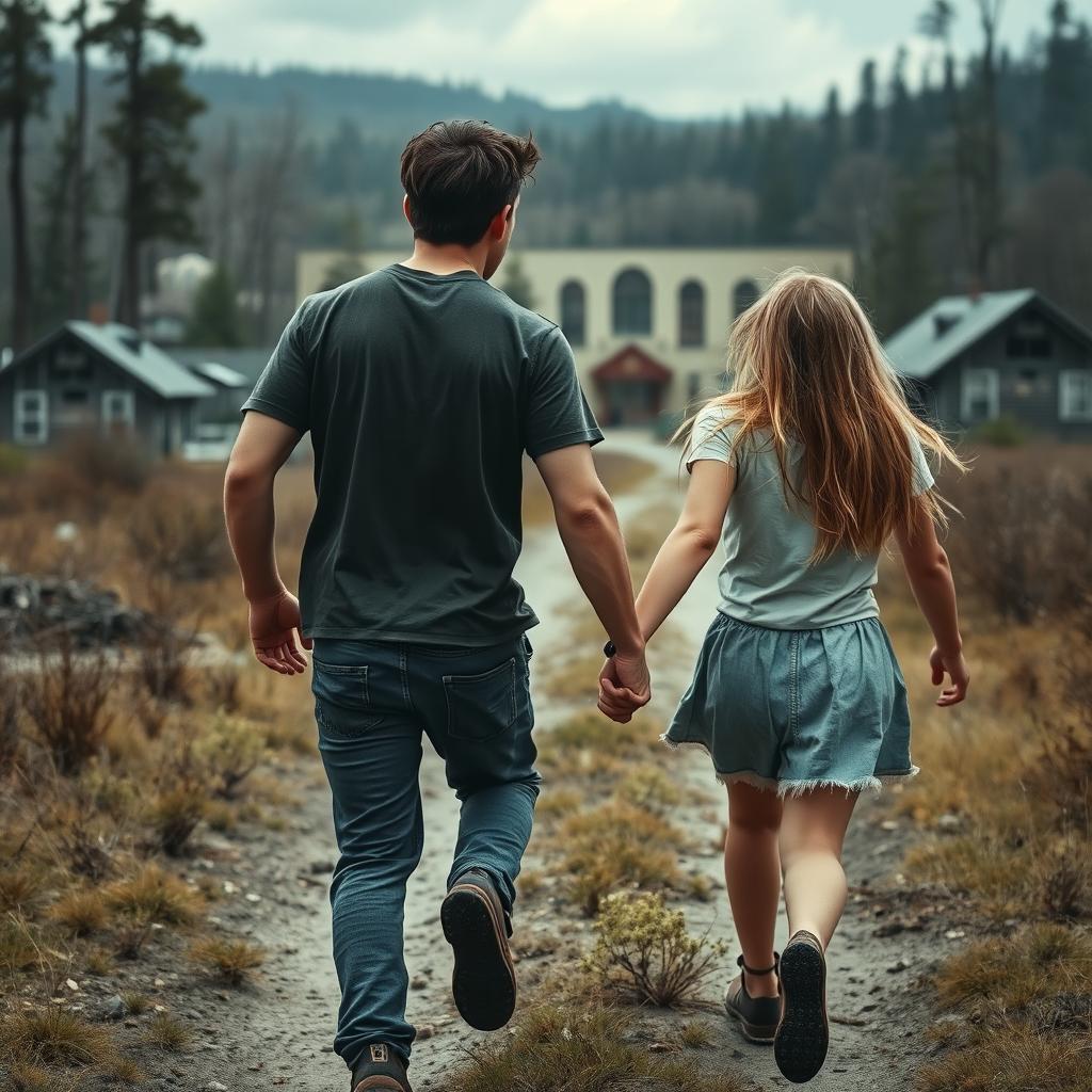 A teenage boy and girl, both around 18 years old, are holding hands and running away into the distance in a wilderness setting