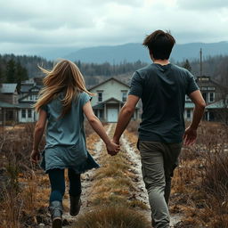 A teenage boy and girl, both around 18 years old, are holding hands and running away into the distance in a wilderness setting