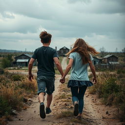 A teenage boy and girl, both around 18 years old, are holding hands and running away into the distance in a wilderness setting