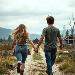 A teenage boy and girl, both around 18 years old, are holding hands and running away into the distance in a wilderness setting