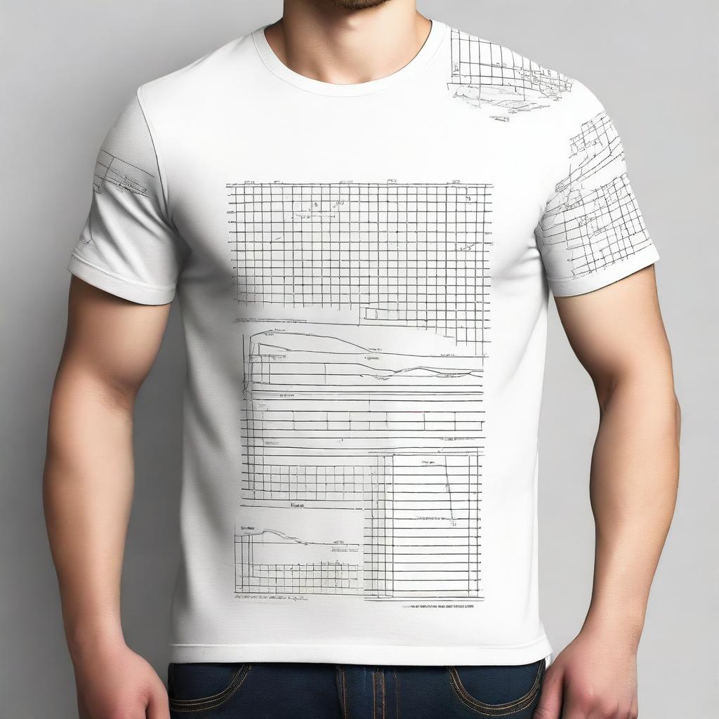 A T-shirt design featuring a pattern in the style of an analytical chart on the left sleeve