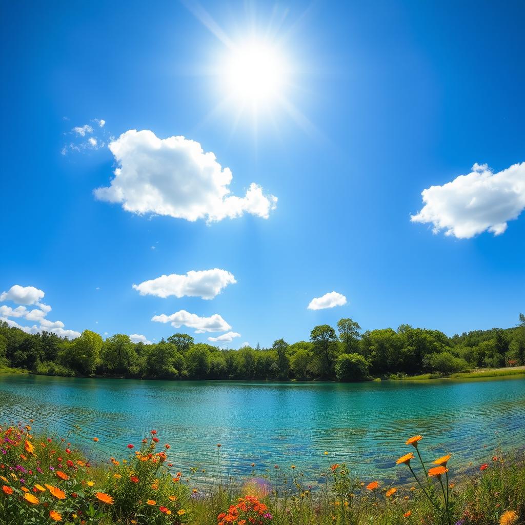 A beautiful, serene landscape featuring a crystal-clear lake surrounded by lush green trees and vibrant wildflowers