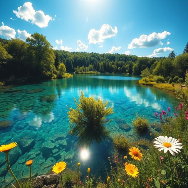 A beautiful, serene landscape featuring a crystal-clear lake surrounded by lush green trees and vibrant wildflowers