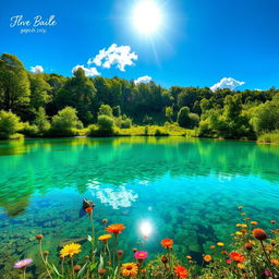 A beautiful, serene landscape featuring a crystal-clear lake surrounded by lush green trees and vibrant wildflowers