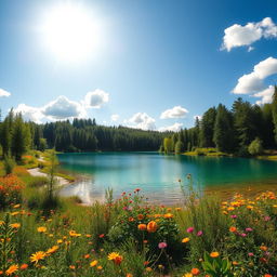 A beautiful, serene landscape featuring a crystal-clear lake surrounded by lush green trees and vibrant wildflowers