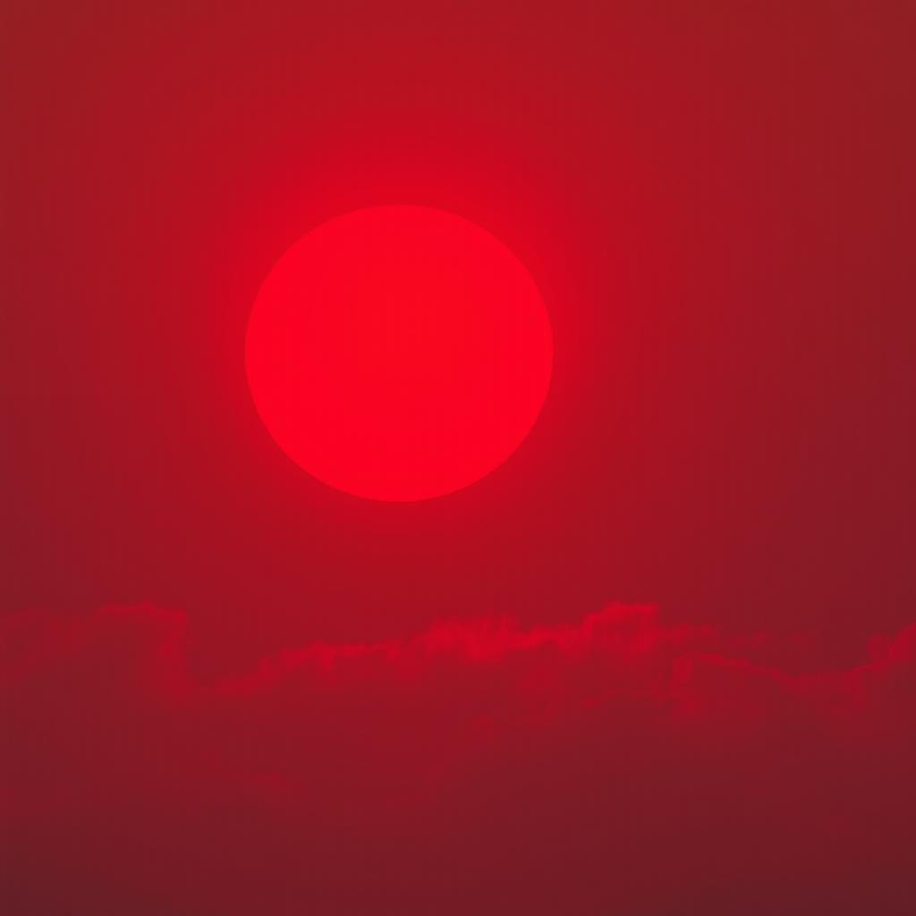 A vivid red sun glowing brightly in a clear sky