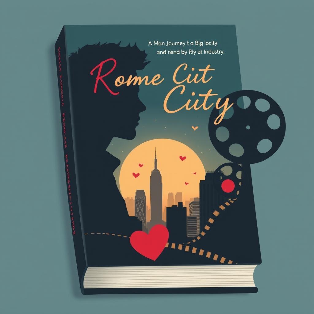 Create a book cover for a romantic and dramatic novel about a man's journey to a big city and his adventures in the film industry