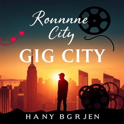 Create a book cover for a romantic and dramatic novel about a man's journey to a big city and his adventures in the film industry