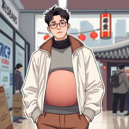 A stylized image depicting a Korean man with a visible bulge in his clothing