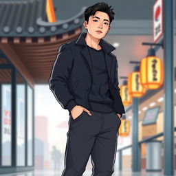 A stylized image depicting a Korean man with a visible bulge in his clothing