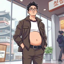 A stylized image depicting a Korean man with a visible bulge in his clothing