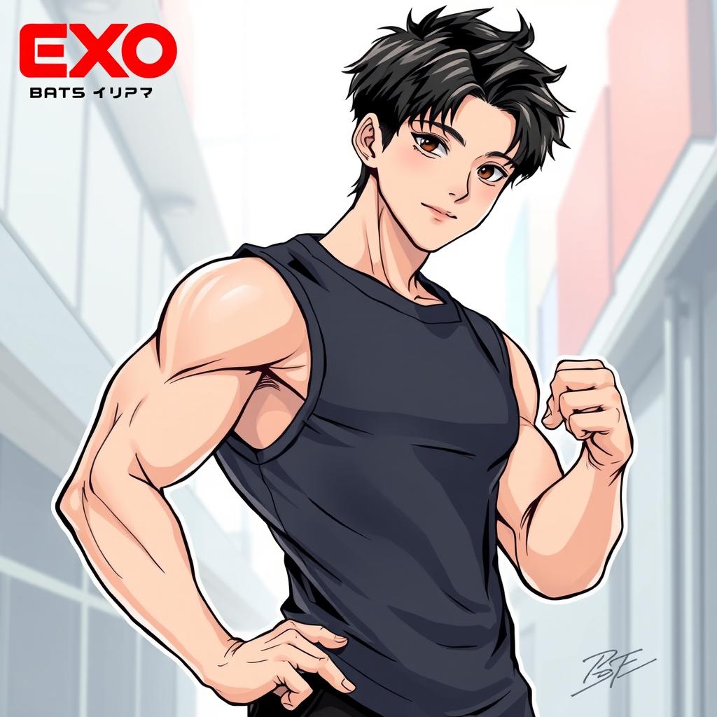 A detailed illustration of EXO member Kyungsoo wearing a hot muscle tee