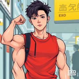 A detailed illustration of EXO member Kyungsoo wearing a hot muscle tee