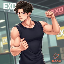 A detailed illustration of EXO member Kyungsoo wearing a hot muscle tee