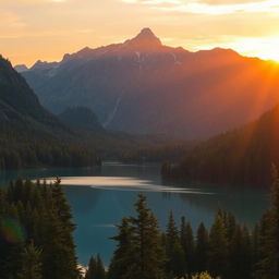 A beautiful landscape featuring a serene lake surrounded by lush forests and mountains in the background