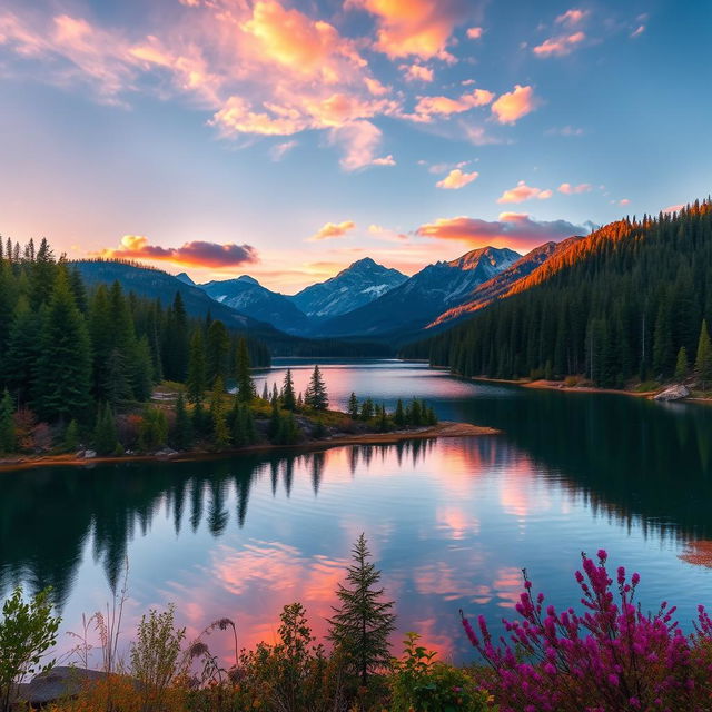 A beautiful landscape featuring a serene lake surrounded by lush forests and mountains in the background