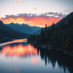 A beautiful landscape featuring a serene lake surrounded by lush forests and mountains in the background