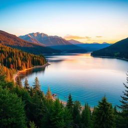 A beautiful landscape featuring a serene lake surrounded by lush forests and mountains in the background