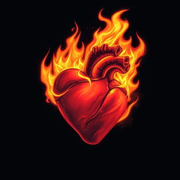 A dramatic illustration of a burning heart, engulfed in vibrant flames